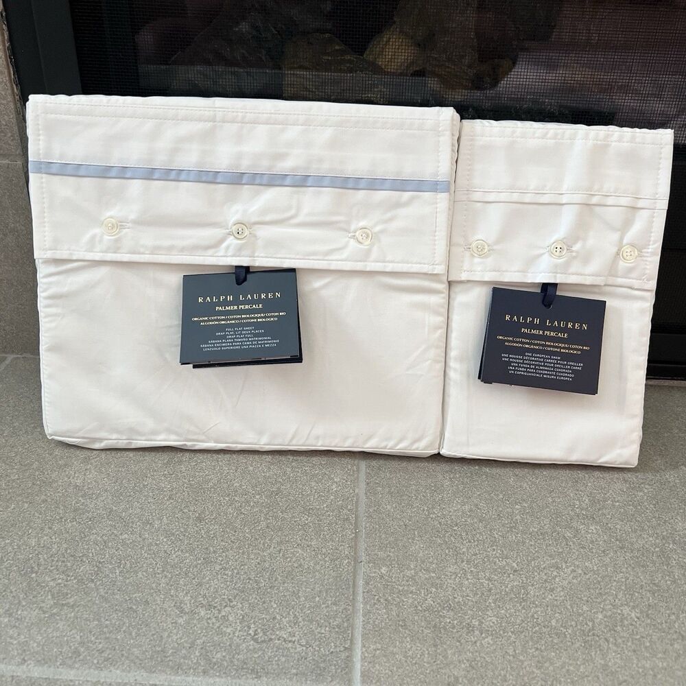 Ralph Lauren Full Flat Sheet Stand Pillow Case Organic Cotton‎ Palmer Sky Blue